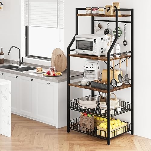 5-Tier Kitchen Bakers Rack with 2 Wire Baskets, Rustic Brown