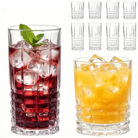 Drinking Glasses Set of 8, 12oz Rocks Glasses and 14oz Highball