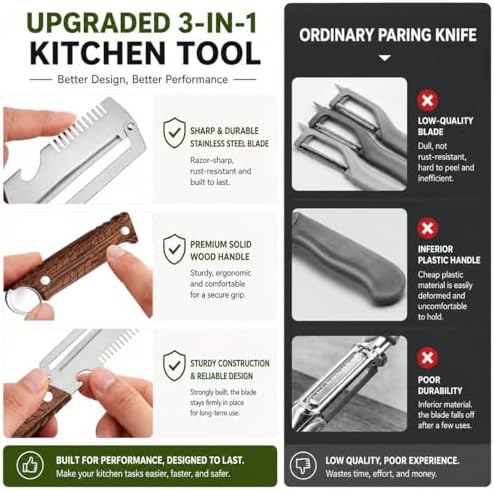 2Pack 3-in-1 Vegetable Peeler with Faux Wood Handle, Stainless Steel