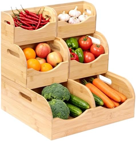 5 Pack Bamboo Stackable Storage Bins, 3-Tier Vertical Stacking