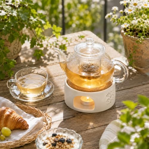 Ceramic Teapot Warmer with Cork Cushion, Tealight Heater for Tea &