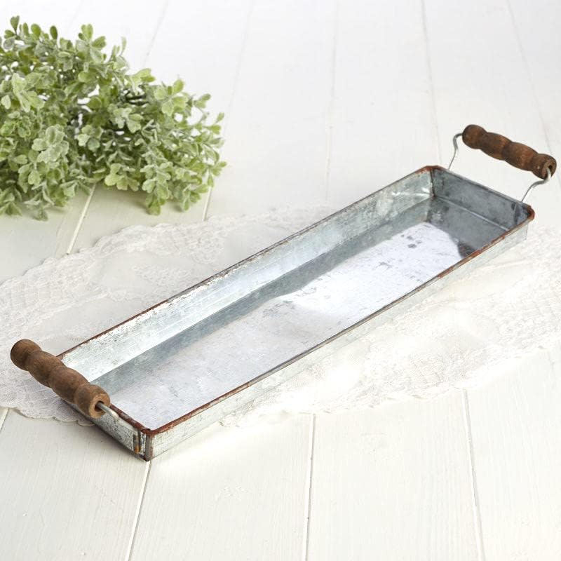 Set of 2 Rustic Galvanized Metal Long Serving Trays with Handles for