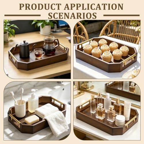 2pcs Wooden Serving Trays for Party with Metal Handles Octagonal