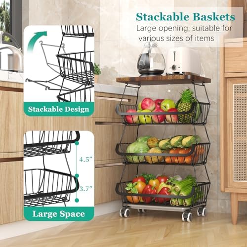 CHLORYARD Fruit Basket with Wooden Lid for Kitchen, 4-Tier Stackable