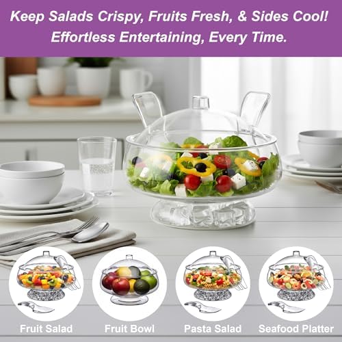 Amazing Abby - Ice Bed - Acrylic 5-Quart Salad Bowl with Built-in Ice Base and Lid, Plastic Clear Serving Bowl with Integrated Servers, Keeping Salad Cold and Fresh for Party, Picnic, Outdoor Dining