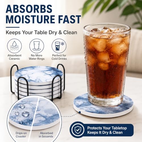 Blue Coasters for Drinks Marble Style,Absorbent Ceramic Coaster with