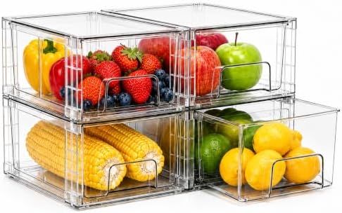 4 Pack Stackable Storage Drawers with Handles, Easy Assembly Clear Acrylic Fridge Organizer, Refrigerator Organizers and Storage for Kitchen, Under Sink, Pantry, Bathroom