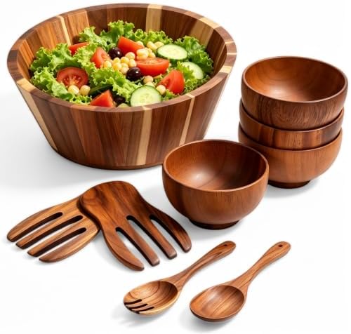 Honeydak 9 Pcs 12" Wood Salad Bowl with 4.7" Serving Bowls and