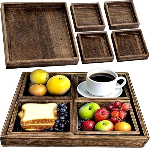 5-Piece Wooden Serving Tray Set for Ottoman,Breakfast in Bed,Coffee