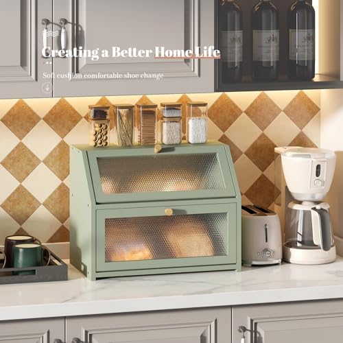 STDDRE Bread Box for Kitchen Countertop Bin Double Layer Bread Box Storage Container Extra Large Capacity Farmhouse with Diamond Pattern Windows (Green, Large)