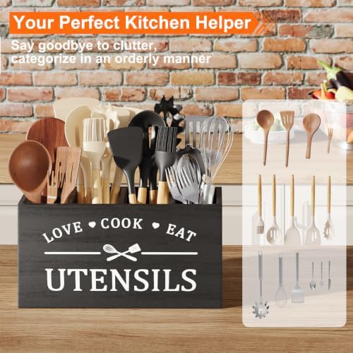 Extra Large Black Wooden Cooking Utensil Holder for Kitchen Countertop