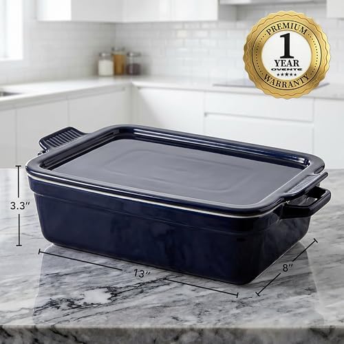 OVENTE 3 Qt Rectangular Ceramic Baking Dish with Lid, Blue BP13BL