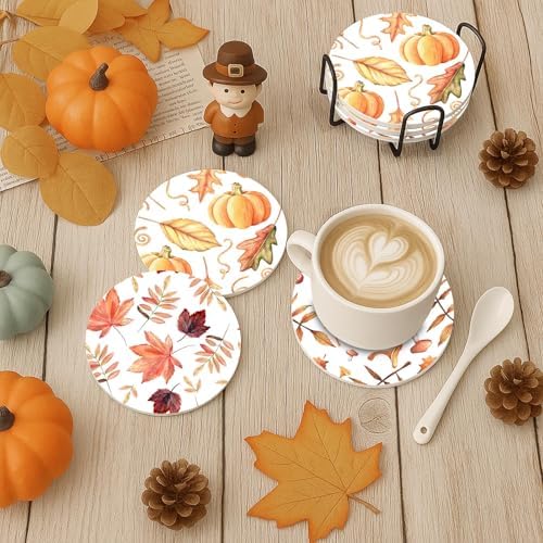 Britimes Fall Coasters for Drinks, Set of 6, Ceramic Stone, Leaf