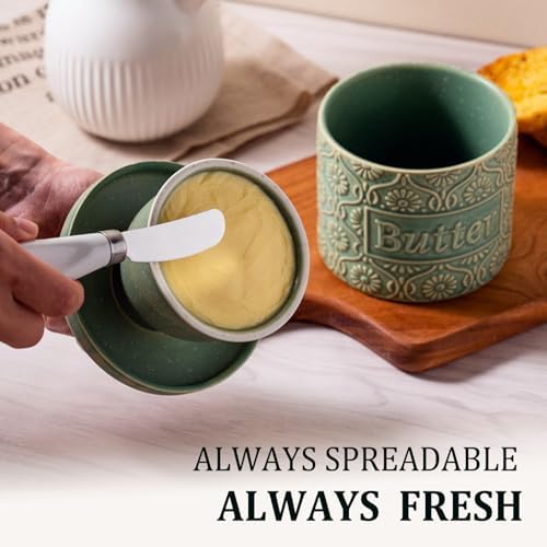 Ceramic Butter Crock with Lid, French Butter Dish with Water Line for