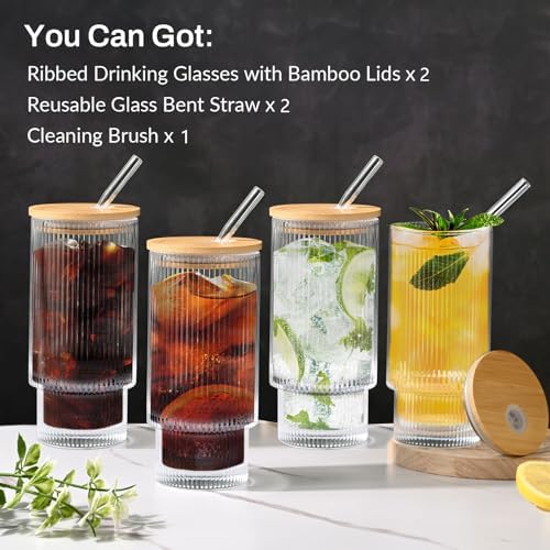 16OZ Ribbed Glass Cups with Lids and Straws,Iced Coffee Cups with