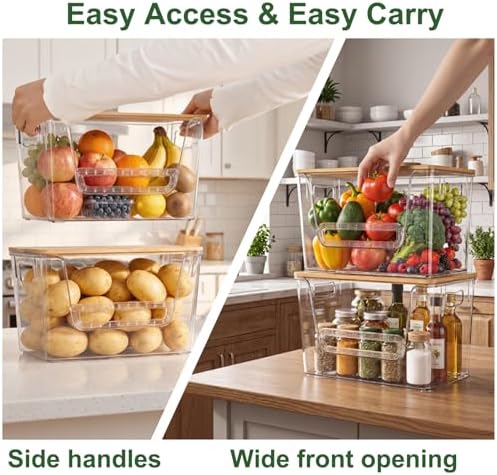 FUSHITON 2 Set Pantry Organizers, Clear Trash Bag Holder with Bamboo