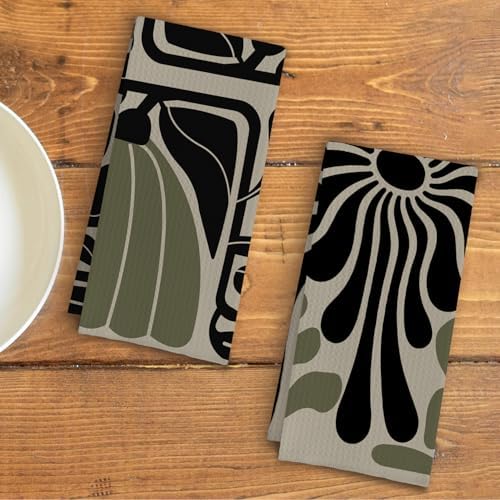 Sage Green Groovy 70s Retro Kitchen Towels Set of 2 - Boho Floral Dish