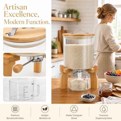 Goaste Glass Rice Dispenser with Bamboo Stand, 5L Flour Cereal Container with Airtight Lid, 8 Lbs Large Grain Food Storage Bucket, Countertop Beans Storage Tank with Measuring Cup & Valve for Dry Food