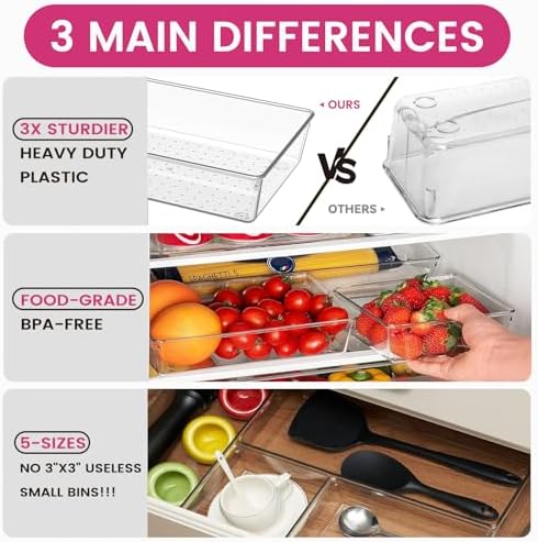 Criusia Large Drawer Organizer Bins 26 Pack | Complete 5 Size Clear