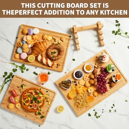 3 Pieces Bamboo Cutting Board for Kitchen with Holder, Thick Kitchen