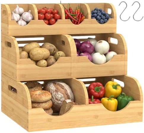 Potato and Onion Storage Bin, Made of bamboo, With 2 banana hooks