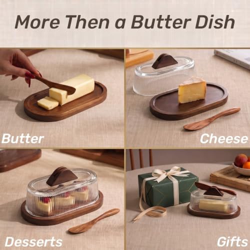 Glass Butter Dish with Lid for Countertop, Wood Base Butter Holder