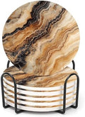 Dark Brown Drink Coasters Set of 6, Beige Black Mixed Marble Round