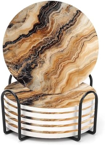 Dark Brown Drink Coasters Set of 6, Beige Black Mixed Marble Round