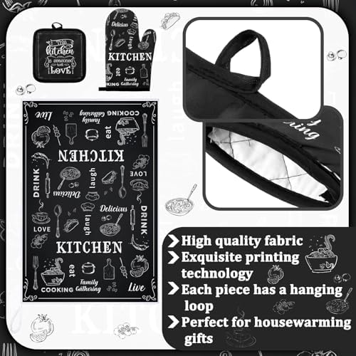Leinuosen 6 Pcs Farmhouse Kitchen Towel Set with Oven Mitt, Black and
