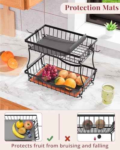 Large 2 Tier Fruit Basket for Kitchen Counter with 2 Banana Hangers, Black