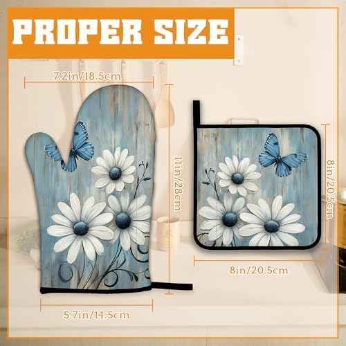 Blue Butterfly Oven Mitts and Pot Holders,Vintage Daisy Wooden Heat