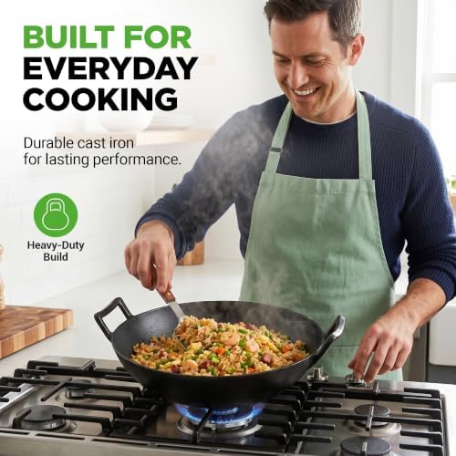 NutriChef 14" Cast Iron Wok with Wooden Lid - Pre-Seasoned Kadai for Stir-Fry with Loop Handles, Compatible with Multiple Cooktops Including Induction, Large 5.8 Qt Capacity