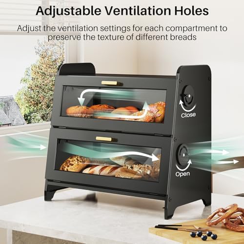 SNTD 2 Tier Bread Box for Kitchen Countertop, Adjustable Ventilation, Black