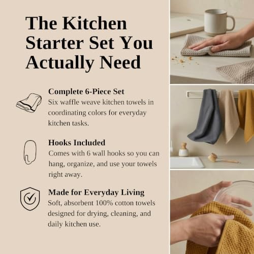 6-Pack Kitchen Towel Set with Wall Hooks, 100% Cotton