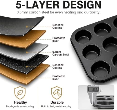 Parmedu 12 Cups Carbon Steel Muffin Pan Set with 200 Cupcake Liners, 2