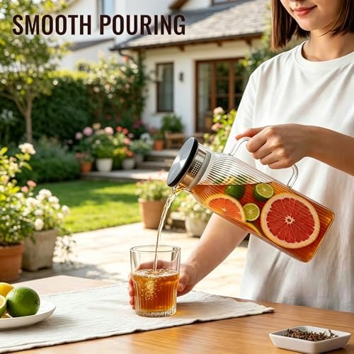 Glass Pitcher with Wooden Lid, 68 fl.oz Square Glass Carafe with