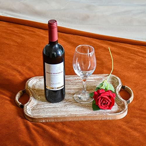 Rustic Wood Serving Tray with Metal Twine Handles Set of 2 Rectangular