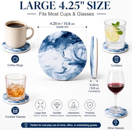 Blue Coasters for Drinks Marble Style,Absorbent Ceramic Coaster with