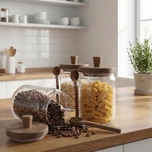 Set of 3 Glass Jars with Wooden Lids and Scoops, 31oz Coffee Food
