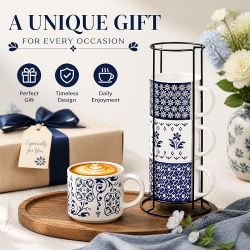 Eorbow 4 Pack Ceramic Coffee Mug Set with Rack, 16 OZ Stackable