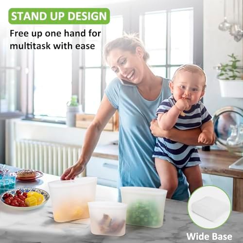 100% Silicone Reusable Storage Bag, 9 Pack Stand-Up Wide-Mouth