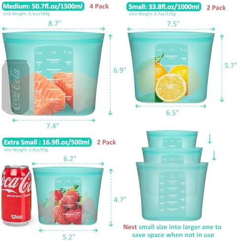 Reusable Food Bags, 8 Pack 100% Silicone Food Storage Bags Stand Up