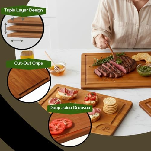 Bamboo Cutting Board for Kitchen, set of 3, Wooden Chopping Board Set
