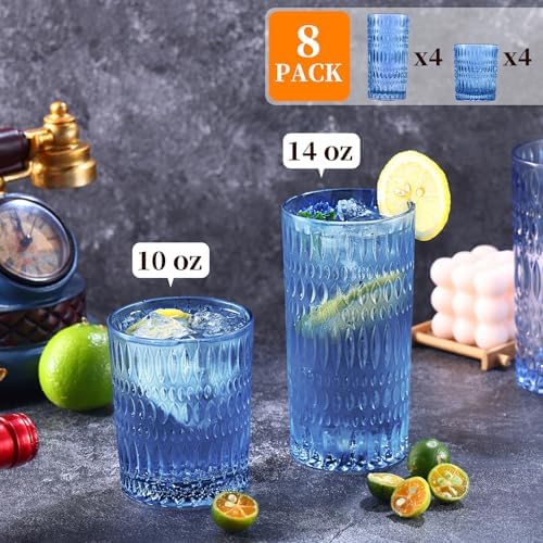 Loivttvv Glassware Drinking Glasses Set of 8, 14 oz Highball Glasses &