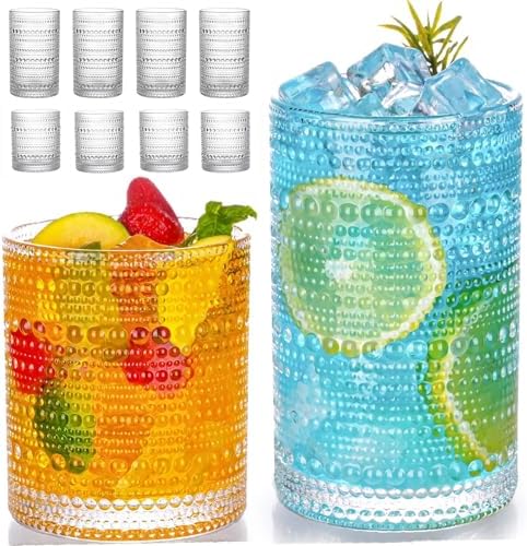 Hobnail Drinking Glasses Set of 8, 12 oz Highball Glasses & 10 oz