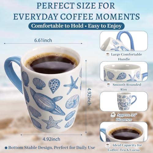 Qinyoung 6 Pcs Coastal Coffee Mugs Set 12oz Beach Ceramic Cups with