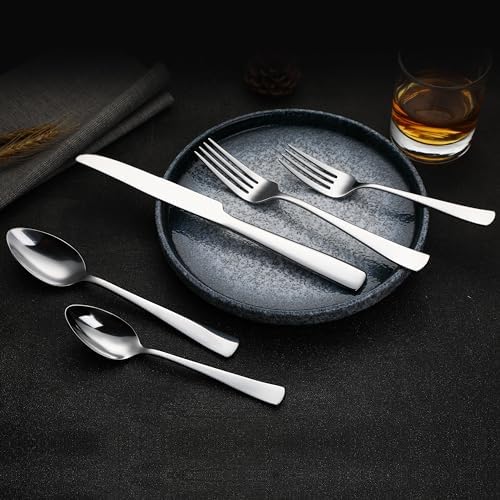Amazon Basics 20-Piece Stainless Steel Flatware Set with Square Edge