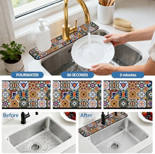 2 Pcs Kitchen Sink Splash Guard Faucet Mat Colored Bohemian Tiles