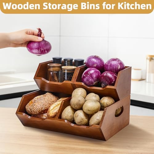 HYPIGO Wood Potato & Onion Storage Bin,2-tier Stackable Pantry