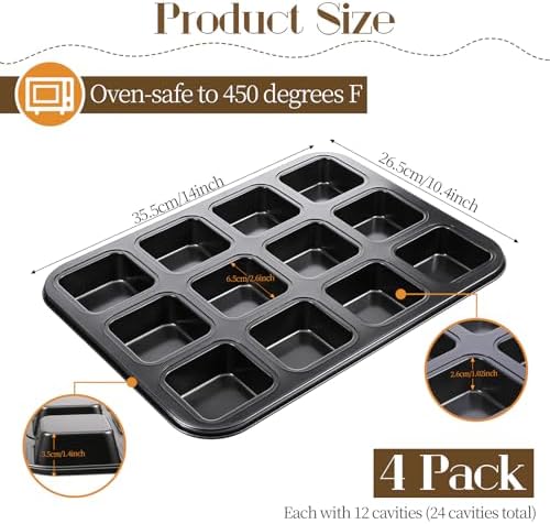 4 Pack Brownie Pan, 12 Cavity All Edges Square Cupcake Brownie Pans
